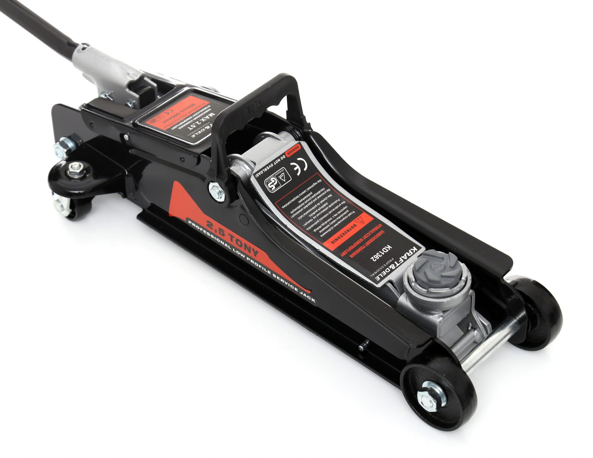 Domkratas žemo profilio su ratukais ir paaukštinimu 2.5T 90-340mm. KRAFT&DELE KD1362
