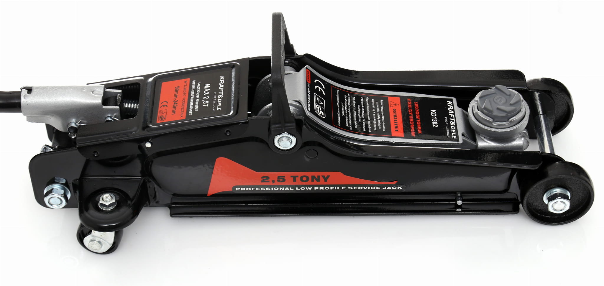 Hidraulinis domkratas žemo profilio su ratukais 2.5T 90-340mm. KRAFT&DELE KD1362