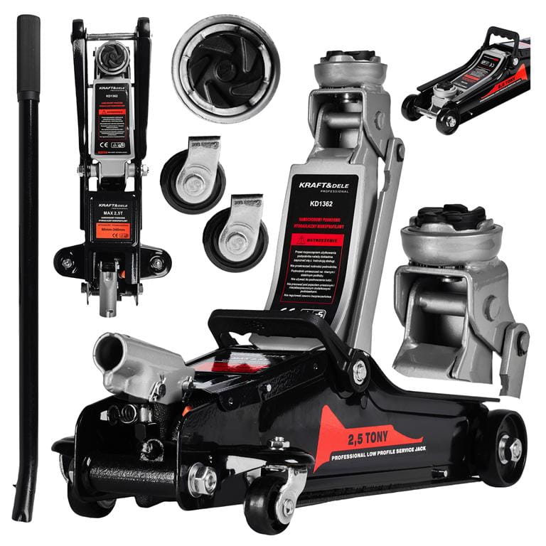 Hidraulinis domkratas žemo profilio su ratukais ir paaukštinimu 2.5T 90-340mm. KRAFT&DELE KD1362