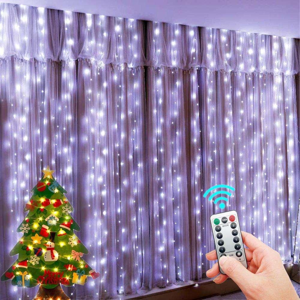 300 LED girlianda užuolaida 3x3 su pulteliu ir tvirtinimo kabliukais - šaltos spalvos - Piki