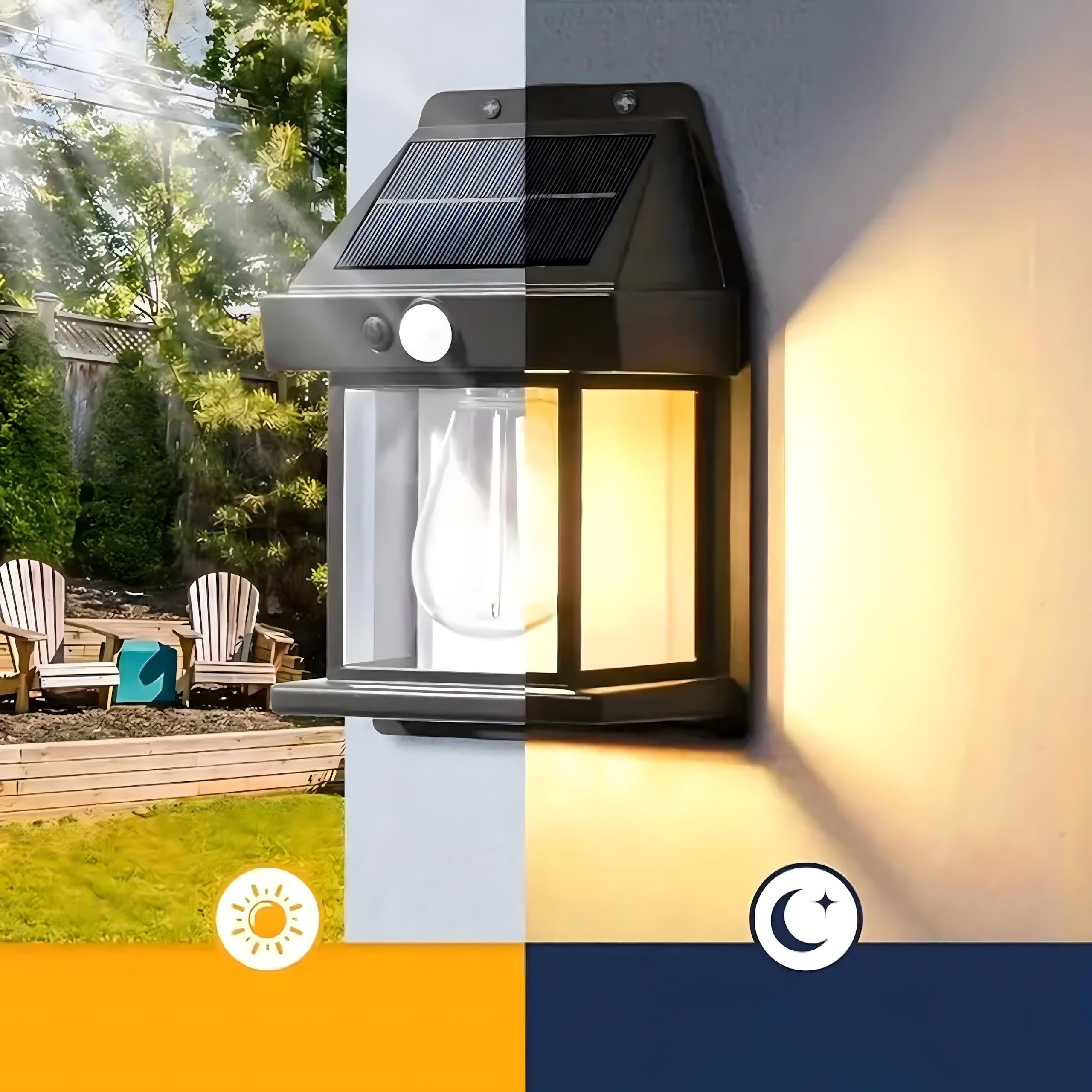 Saulės LED lempa su judėsio jutikliu, sodo sieninė lempa.
