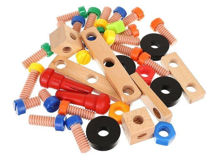 Vaikiškas medinis meistro darbastalis su įrankiais