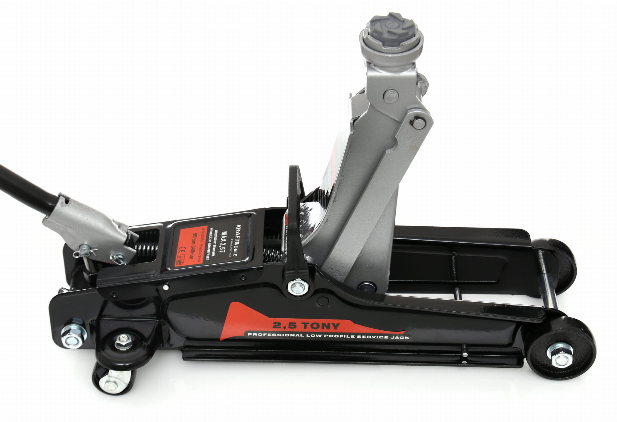 Hidraulinis domkratas žemo profilio su ratukais ir paaukštinimu 2.5T 90-340mm. KRAFT&DELE 