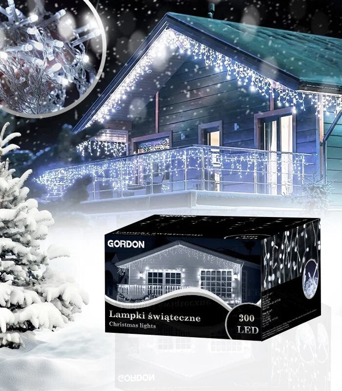 Kalėdinė girlianda - varvekliai 12 m, ŠALTAI BALTA. 300 LED su BLUE FLASH funkcija